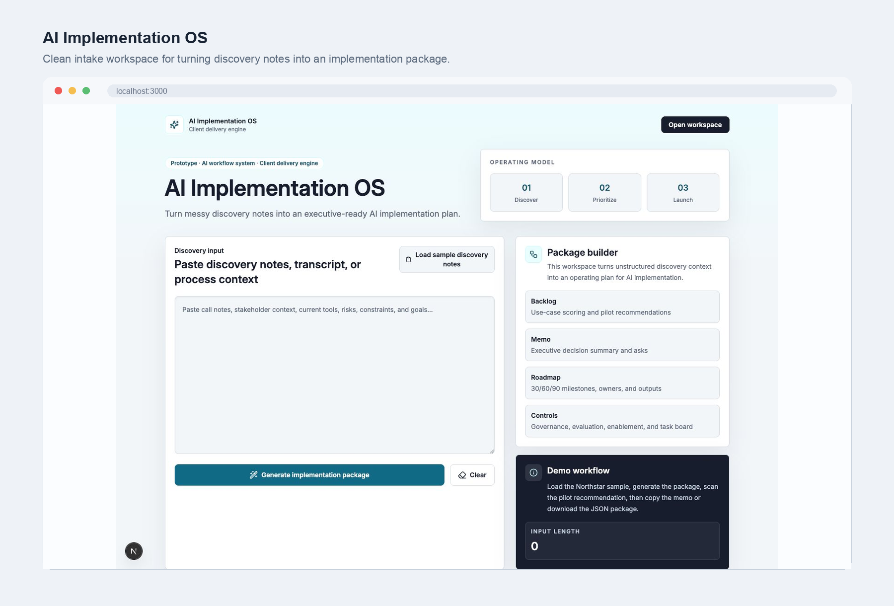 Synthetic AI Implementation OS intake workspace with discovery notes and package builder