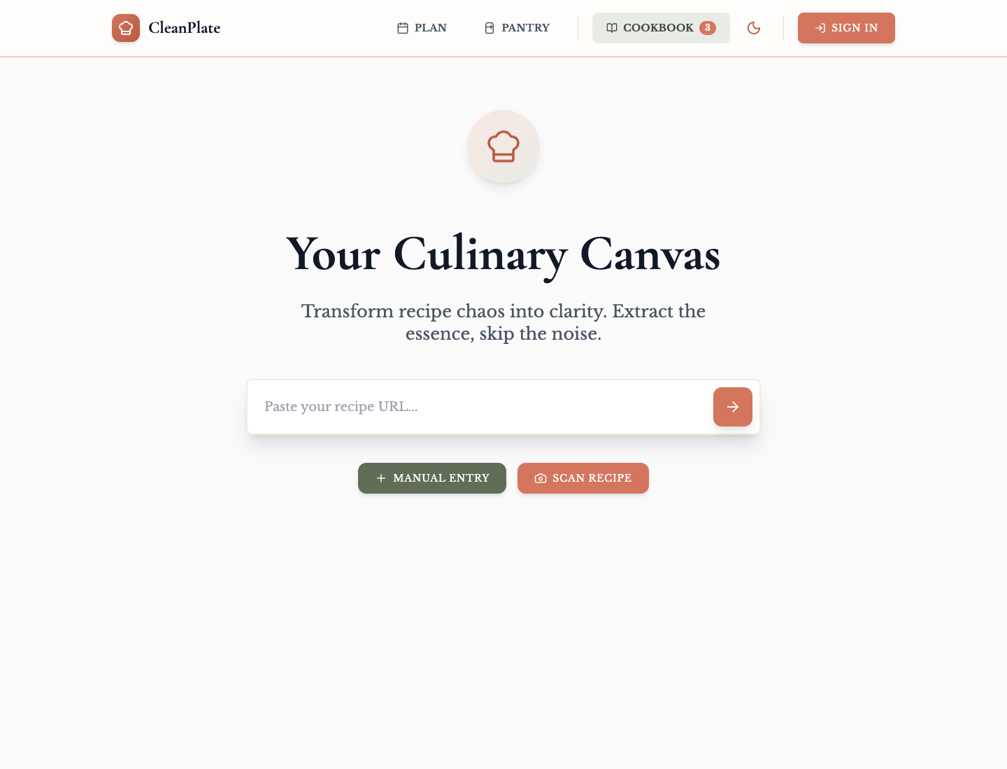 CleanPlate home screen with recipe extraction and meal workflow entry points