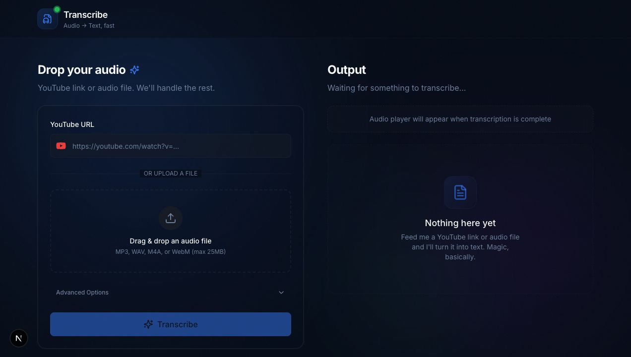Video Transcriber Pro workspace with upload controls and transcription workflow panels