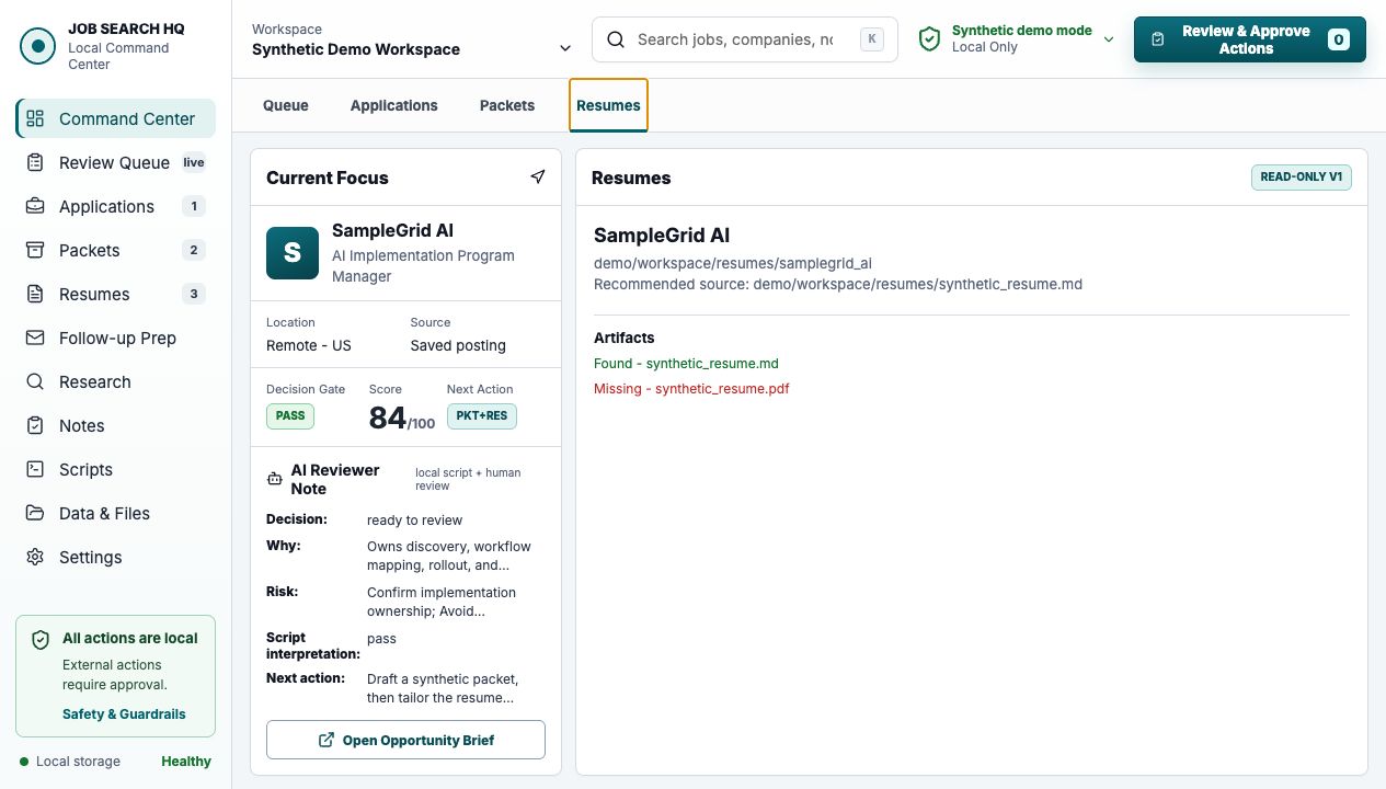 Synthetic Job Search HQ resume detail screen with fake artifact names and validation status